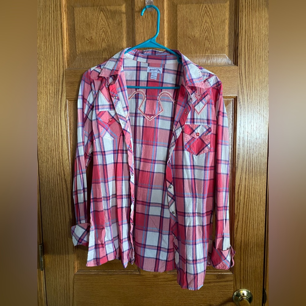 Cowgirl up pink and white plaid flannel